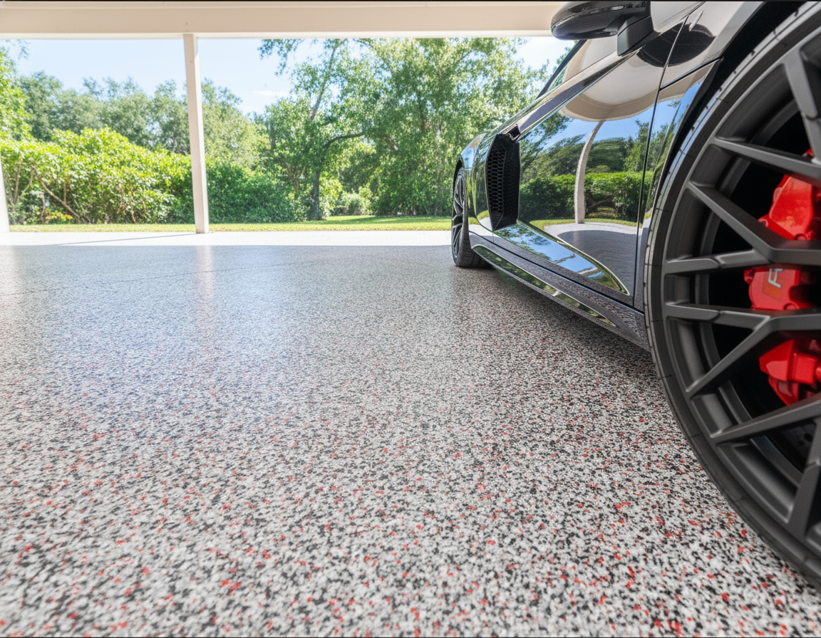 Black sports car on professional flake epoxy garage floor coating by MGP Coatings